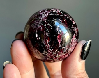 Ruby Red Rhodolite Garnet Crystal Sphere | 181g | Hand Polished | Orissa, India | Roots of Truth