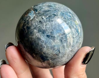 Hand Polished Kyanite Quartz Crystal Sphere + Green Kyanite | 62mm | Large Kyanite Stone Sphere + Red Garnet | Ocean Indigo Kyanite