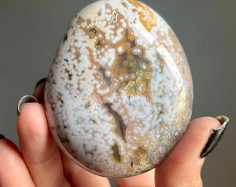 2nd Vein Jelly Ocean Jasper Crystal Palm Stone | Rare Old Stock + Fisheye Orbs | 155g | Blue + Pastel Pinks | Marovato, Madagascar