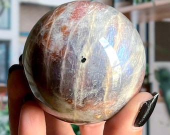 Rare Sunstone Moonstone Sphere | High Blue Flash + Rainbow Sunstone Confetti + Tourmaline | Tanzanian Sunstone Crystal Sphere