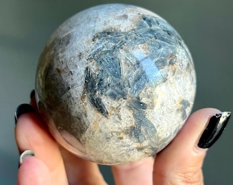 Wild Polished Blue Kyanite Quartz Crystal Sphere | 356g | Large Indigo Kyanite Stone Sphere + Spessartine Garnet | Sacred Spirals