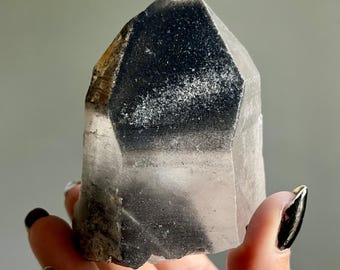 Rare Elestial Gray + Pink Lithium Black Phantom Lemurian Quartz + Black Tourmaline | Inclusion Quartz Record Keeper Crystal Point
