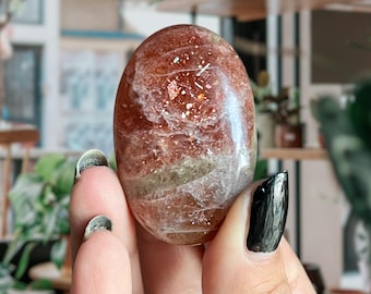 Arusha Confetti Sunstone + Rainbow Lattice | High Grade Sunstone Crystal Palm Stone | Rare Golden Sunstone + Moonstone Flash