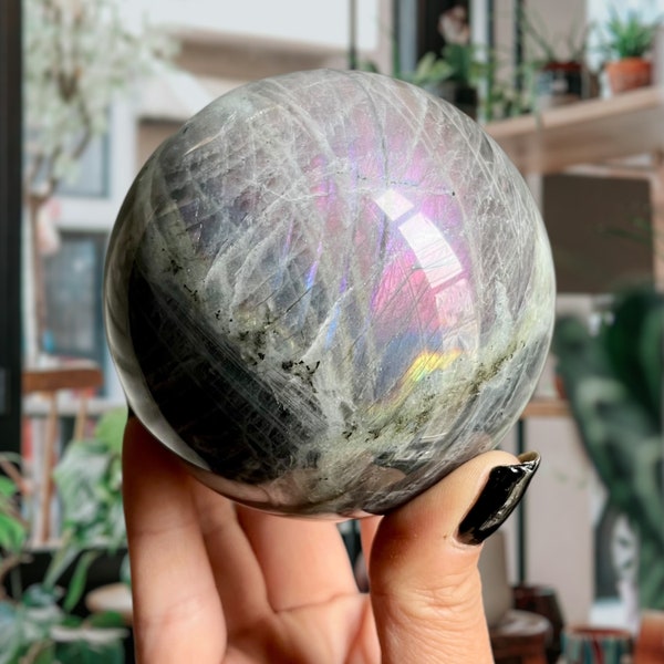 82mm Rare White Labradorite Moonstone Crystal Sphere w/ Green Tourmaline | Rainbow Labradorite Spectrolite Sphere w/ Purple Flash