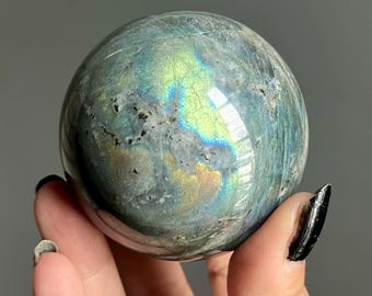 Spectrolite Labradorite Crystal Sphere | Black Tourmaline, Rainbow Flash | 365g | Large Stone Sphere | Madagascar
