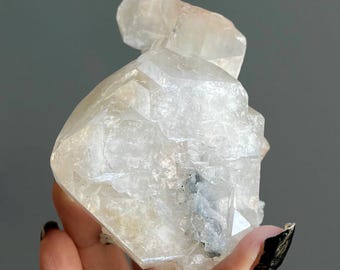 Rare Cubic Phantom Apophyllite Blue Chalcedony Stilbite Crystal Specimen + Trigonic Record Keepers | Large Zeolite Statement Piece
