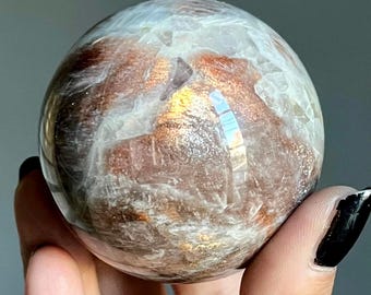 Tanzanian Sunstone Moonstone Sphere | Blue Flash + Rainbow Lattice | Blue Moonstone + Golden Sunstone | 69mm Large Crystal Sphere