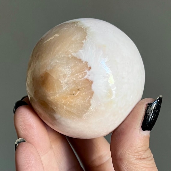 Scolecite Sphere with Peach Stilbite | Synergy 12 Zeolite Crystal + Pink Flash