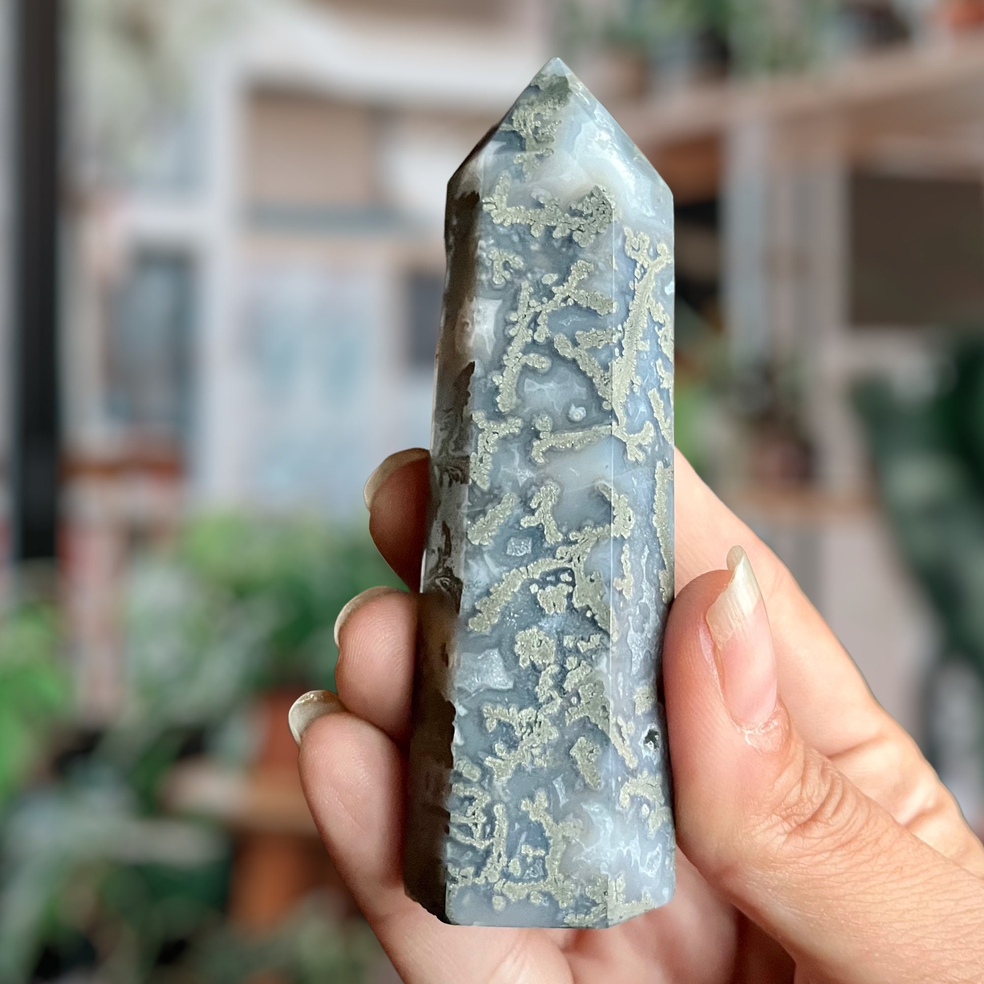 Large Marcasite Blossom Pyrite Obelisk in Blue Agate | Nipomo