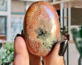 Radiant Arusha Sunstone + Rainbow Confetti | High Grade Golden Sunstone Crystal Palm Stone | Tourmaline + Beryl + Moonstone Flash