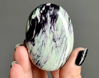 Purple Kammererite Crystal Palm Stone in Green Serpentine | Rare Inclusions