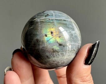 Rare White Labradorite Moonstone Sphere + Green Tourmaline | Rainbow Labradorite + Spectrolite Flash | Large Crystal Sphere
