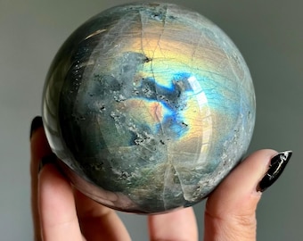 83mm Rare White Labradorite Moonstone Sphere + Black Tourmaline | Rainbow Labradorite + Spectrolite Flash | Large Crystal Sphere
