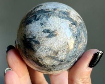 Shimmering Blue Kyanite + Quartz Crystal Sphere | Large Polished Indigo Kyanite Sphere | Kyanite Quartz Matrix + Spessartine Garnet