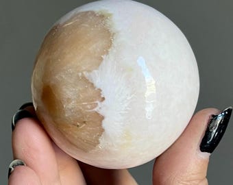 Rare Pink Scolecite Peach Stilbite Crystal Sphere | Synergy 12 Zeolite Crystal Being | Indian Scolecite Sphere + Irridescent Flash