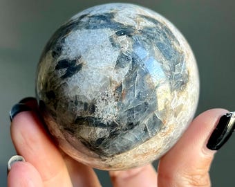 Unique Polished Blue Kyanite Quartz Crystal Sphere | 356g | Large Kyanite Stone Sphere | Kyanite Blades + Garnet | Sacred Spirals