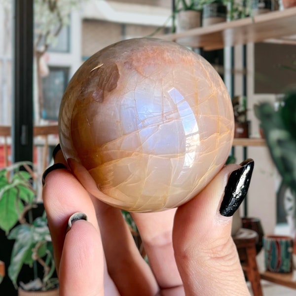 Peach Moonstone Golden Healer Crystal Sphere | Moonstone Sphere w/ Silvery Blue Flash & Golden Healer Quartz from Madagascar