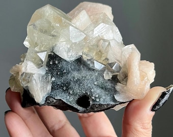 Very Rare Phantom Green Apophyllite Chalcedony Pink Stilbite Zeolite Cluster | Black Apophyllite Druzy | Sacred Crossroad Phantoms