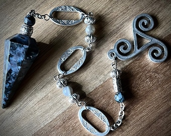 Handcrafted Indigo Gabbro Merlinite Crystal Pendulum + Moonstone | Dowing Energy Tool | The Infinite Shadow | 2025 Winter Collection