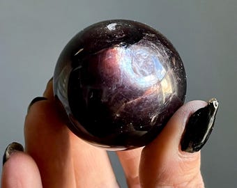Fiery Gem Lepidolite Sphere: Red Lithium, Purple Mica |  Rainbow, Blue Flash | Araçuaí Brazil