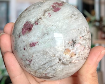 Large Rubellite Tourmaline Crystal Palm Stone w/ Smoky Quartz in Natural Lithium Quartz Matrix | Deep Pink Tourmaline Half Sphere