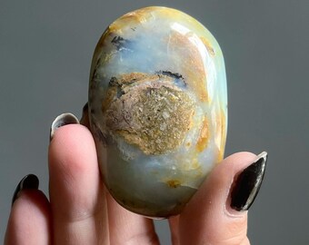Rare Andean Blue Opal | Peruvian Opal | Dendritic Opal Crystal Palmstone | Carribean Blue Opal Gemstone | Artisan Meditation Stone