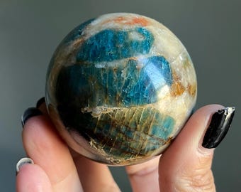 Rare Dark Blue Apatite Orange Calcite Crystal Sphere + Green Apatite in Quartz | Hand Polished Gem Apatite Sphere + Wild Blue Flash