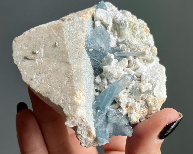 Featured listing image: Indicolite Blue Tourmalated Quartz + Peach Morganite | Blue Rutile in Quartz in Albite | 280g | Rare Crystal Specimen from Brazil