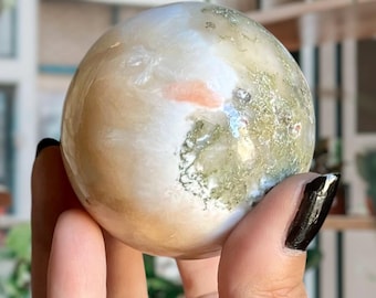 Green Heulandite Peach Stilbite Sphere | Rare Zeolite Crystal w/ Pink Flash