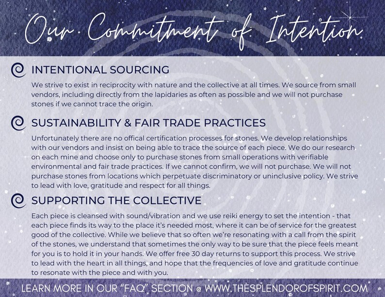 以下が含まれることがあります： Our Commitment of Intentionというタイトルの濃い青と薄い紫のインフォグラフィック。Intentional Sourcing、Sustainability & Fair Trade Practices、Supporting the Collectiveの3つのセクションがあり、倫理的な調達とレイキの実践について詳しく説明されています。