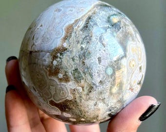 82mm 8th Vein Ocean Jasper Sphere | Orbicular Jasper | Pastel Ocean Jasper w/ Yellow + Blue Flower Orbs | Very Large Crystal Sphere