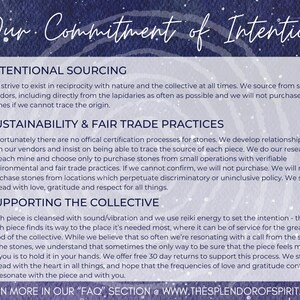 May include: A navy blue graphic with white text that reads "Our Commitment of Intention." The text describes intentional sourcing, sustainability, fair trade practices, and supporting the collective. The website address is also included.