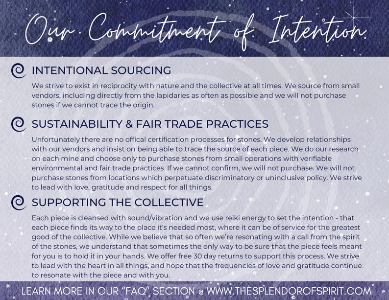 May include: A navy blue graphic with white text that reads "Our Commitment of Intention." The text describes intentional sourcing, sustainability, fair trade practices, and supporting the collective. The website address is also included.