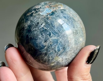 Polished Blue Kyanite Quartz Crystal Sphere + Green Kyanite | 62mm | Indigo Kyanite Stone Sphere + Red Garnet | Cacophony of Color