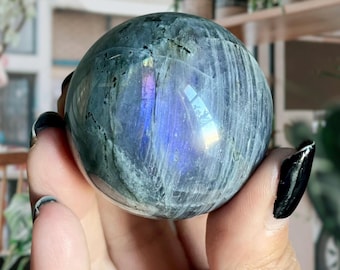 White Labradorite Moonstone Sphere + Green Tourmaline | Rainbow Labradorite Crystal Sphere | Labradorite Sphere + Spectrolite Flash