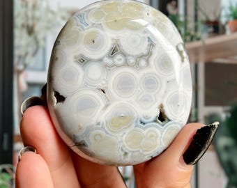 AAA 8th Vein Ocean Jasper Palm Stone | Orbicular Jasper Crystal Meditation Stone | Rare Moravato Jasper w/ Bullseye Orbs