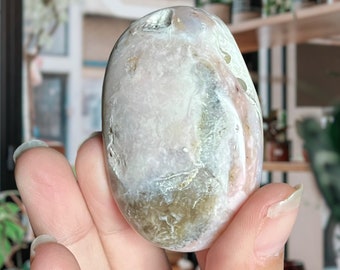 Dendritic Pink Opal Crystal Palm Stone from Peru | Andean Opal | Peruvian Opal | Hand Polished Artisan Meditation Stone from Peru
