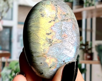 Sacred Labradorite Mandala Palmstone Talisman | Rainbow Labradorite + Spectrolite Flash | Hand Carved Labradorite Crystal Mandala