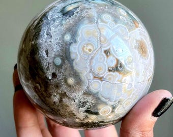 82mm 8th Vein Ocean Jasper Sphere | Orbicular Jasper | Blue Ocean Jasper w/ Blue + Yellow Flower Orbs | Very Large Crystal Sphere