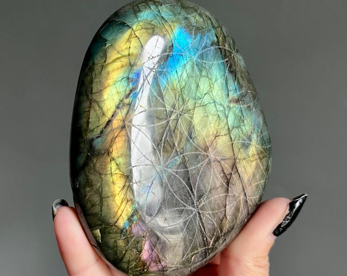 Featured listing image: Sacred Mandala Labradorite Freeform | Rainbow Spectrolite Flash | 403g | Large Crystal Talisman from Madagascar