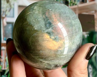 70mm White Labradorite Moonstone Sphere + Green Tourmaline | Rare Rainbow Labradorite Spectrolite Crystal Sphere w/ Sunset Flash