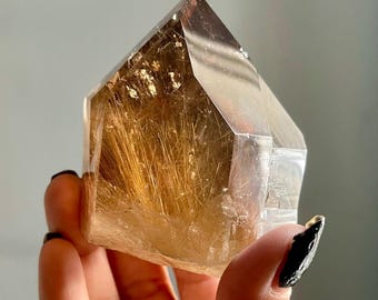 Trigonic Gold Rutile Citrine Quartz Record Keeper | High Grade Rutilated Quartz + Natural Citrine Crystal Point | Time Link + Key