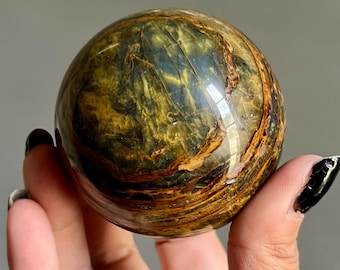 Chatoyant Blue Pietersite Crystal Sphere from Namibia | Golden Pietersite + Blue Flash | Chalcedony + Amphibole | The Tempest Stone