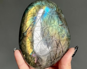 Rainbow Labradorite Freeform | 403g | Hand Carved Sacred Stone Mandala + Spectrolite Flash