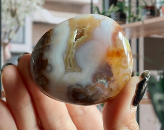 8th Vein Jelly Ocean Jasper Crystal Palm Stone | AAA Blue + Red Orbicular Jasper + Quartz Druzy | Semi Translucent Marovato Jasper