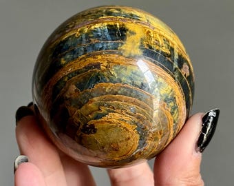 Chatoyant Blue Pietersite Crystal Sphere from Namibia | Golden Pietersite + Blue Flash | Chalcedony + Amphibole | The Tempest Stone