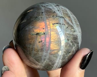 Reserved - Labradorite Crystal Sphere w/ Green + Black Tourmaline | Sunset Labradorite Sphere w/ Rainbow Moonstone + Spectrolite Flash