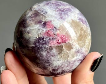 442g Smoky Citrine Unicorn Stone Sphere | Lepidolite Mica + Rubellite Tourmaline | Large Lithium Quartz Pegmatite Crystal Sphere