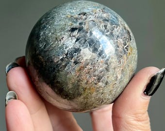 Blue Kyanite + Green Kyanite Crystal Sphere | Large Polished Indigo Blue Kyanite in Quartz | Green Kyanite + Red Garnet Inclusions