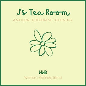 May include: A green and white illustration of a flower with the text "J's Tea Room" and "A NATURAL ALTERNATIVE TO HEALING" above the flower. Below the flower is the text "WWB" and "Women's Wellness Blend".